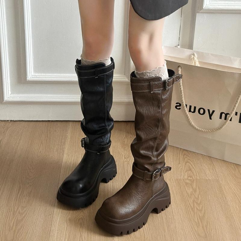 Winter Platform Height Increase Woman Knight High Boots Concise Belt Buckle Shoes Punk Vintage Long Booties  De Muje