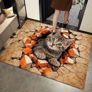 

Cute Cartoon Door Mat with Kitten Print Vintage Red Brick Hole 2D Printed Carpet Living Room Bedroom Foyer Floor Mat 40cm x 60cm
