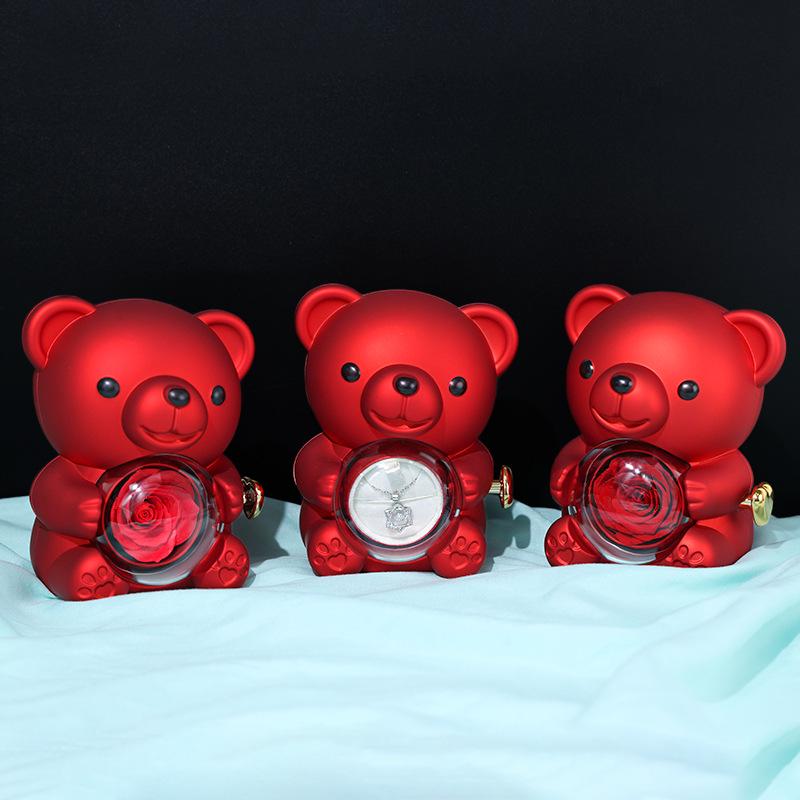 Mini Teddy Bear Flower Jewelry Box - Rotating Storage for Rings & Necklaces, Valentine's Day Gift