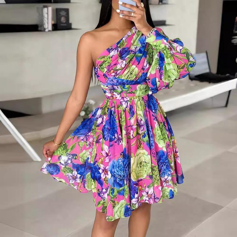Women's Bohemian Print Diagonal Shoulder Long Sleeve Mid-skirt Dress