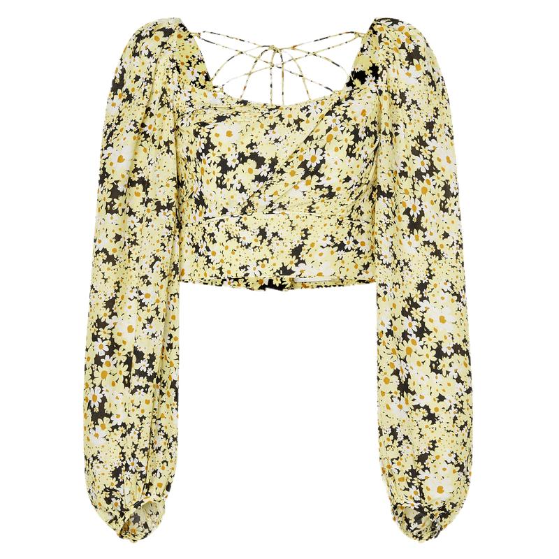 MO&Co. French Floral Silk Blend Puff Sleeve Backless Top M