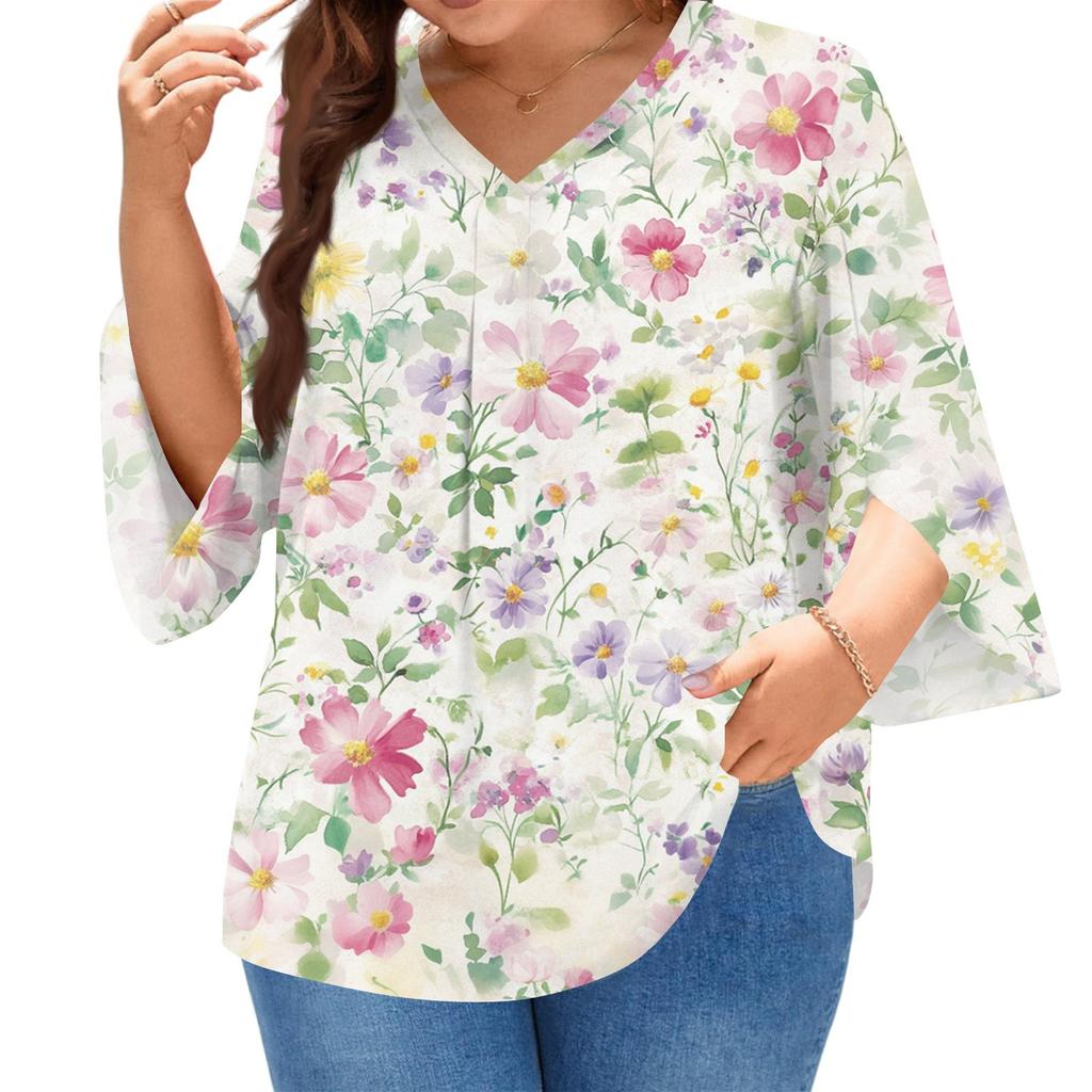 Women's Prined V-neck Plus Size Tops 3/4 Sleeves Elegant Shirt Tops