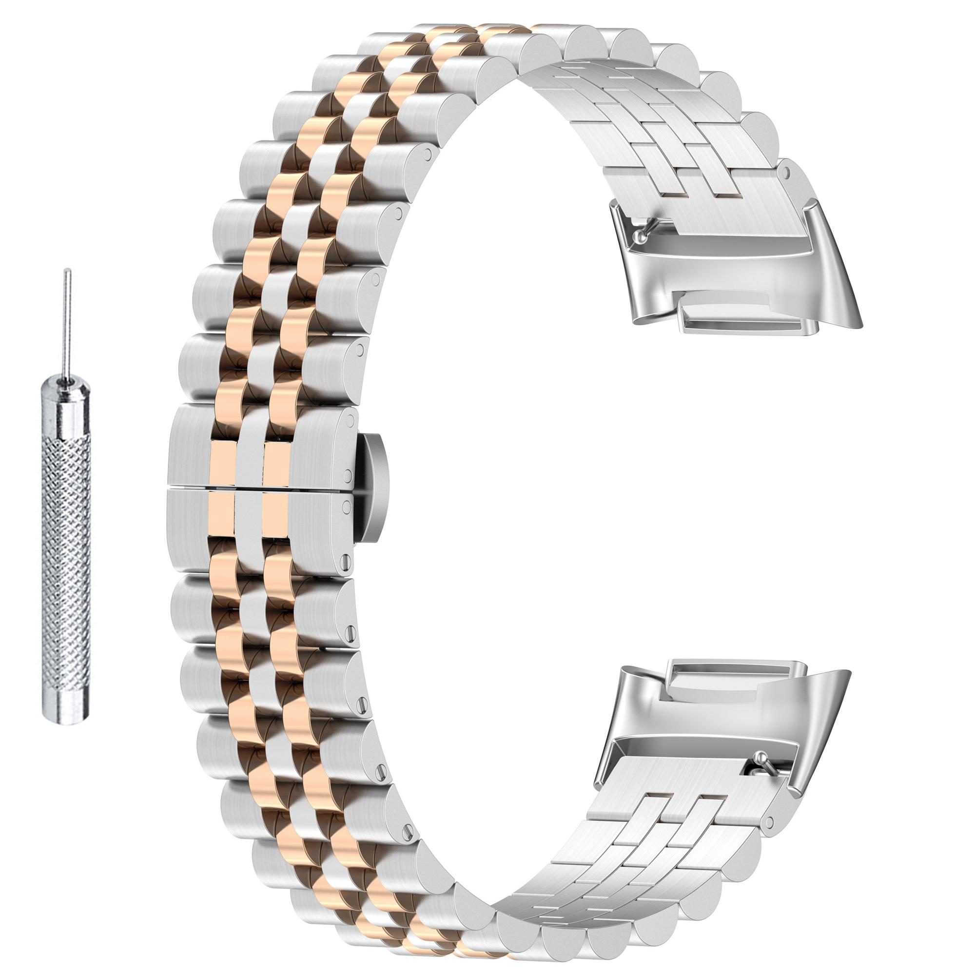 

Для Fitbit Charge 6/5 Металлический ремешок для часов из нержавеющей стали 5 звеньев Застежка-бабочка Браслет Ремешок с инструментом Silver/Rose Gold B