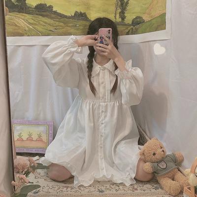 שמלת Kawaii נשים מתוקה לוליטה שמלות קצרות לבנה סלסולים צווארון פיטר פן בסגנון Preppy אביב סתיו חלוק שרוול ארוך