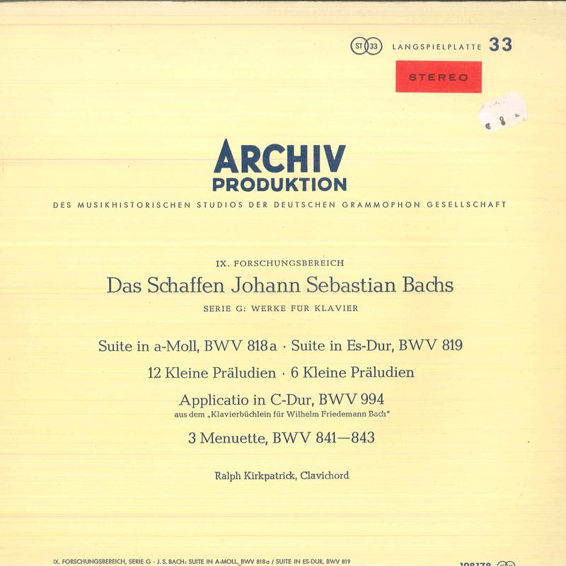 

LP Record RALPH KIRKPATRICK Bach Suite In A Moll BWV 818 a SAPM198178 ARCHIV PRODUKT 1960 Germany Classical Used