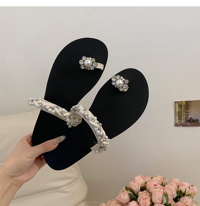 Rhinestone Slippers Women Summer Fashion One-word Drag Square Head Flat Bottom Vacation Travel Beach pearls Sandals and Slippers