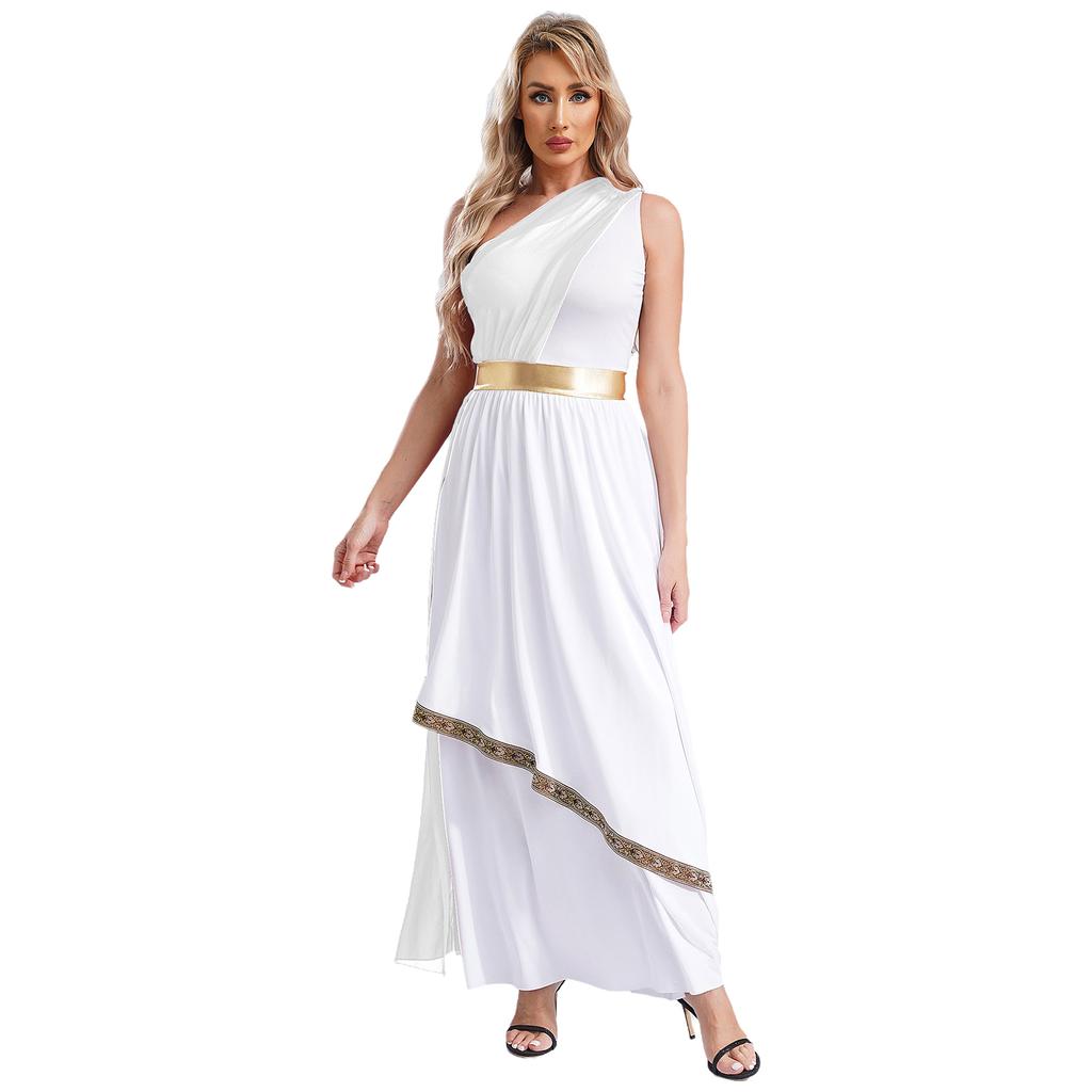 Womens Ancient Greek Praise Dance Dress One Shoulder Chiffon Overlay Vintage Trim Tunic Halloween Cosplay Party Gown