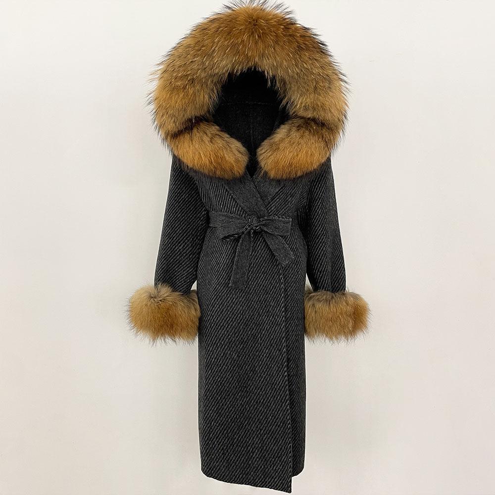OFTBUY Winter Women Coat Real Natural Fox Fur Hooded Detachable Collar Double-faced Woolen Jacket Long Casual Elegant Overwears