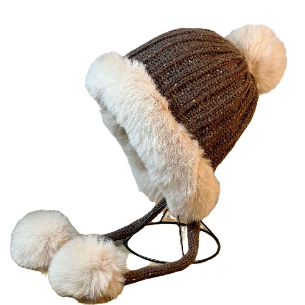 Cute hairball ear protection wool hat for women, warm in autumn and winter, thickened large head circumference and small face knitted hat