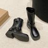 Läder Mocka Vintage Litet Fyrkantigt Huvud Två Bär Vik Tjock Klack Bältesspänne Mellanhöga Stövlar Dam Höst och Vinter Martin Stövlar Korta Stövlar