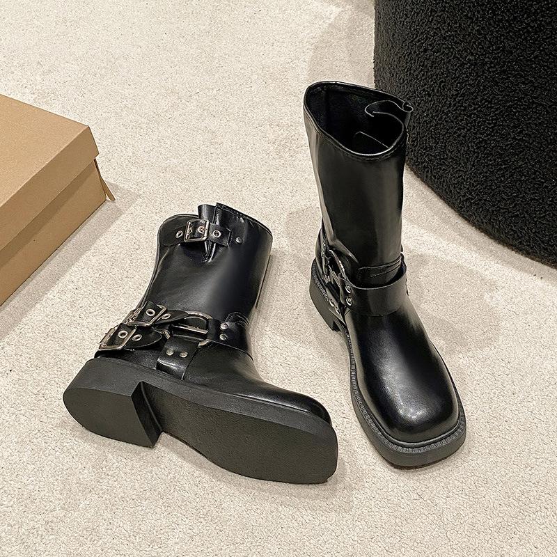 Läder Mocka Vintage Litet Fyrkantigt Huvud Två Bär Vik Tjock Klack Bältesspänne Mellanhöga Stövlar Dam Höst och Vinter Martin Stövlar Korta Stövlar
