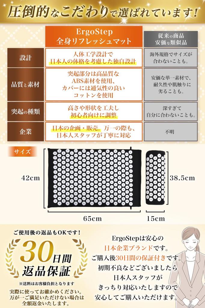 Saltea de reîmprospătare cu puncte de acupresură pentru partea inferioară și pernă ErgoStep aprobată de medic, spate, spate, gât, (Midnight Black)