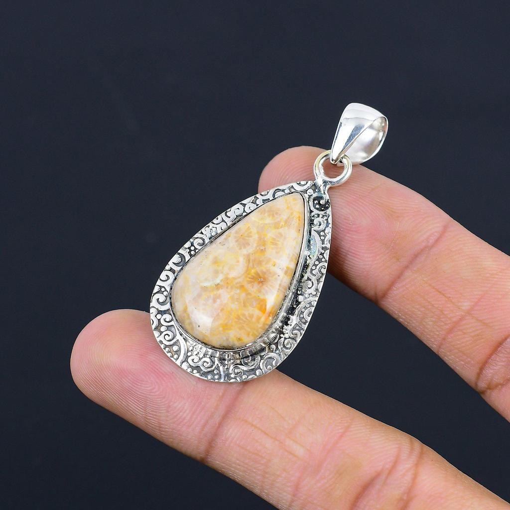 Sisters Day Sale Pear Fossil Coral Stone Birthday New Pendant Jewelry 925 Silver