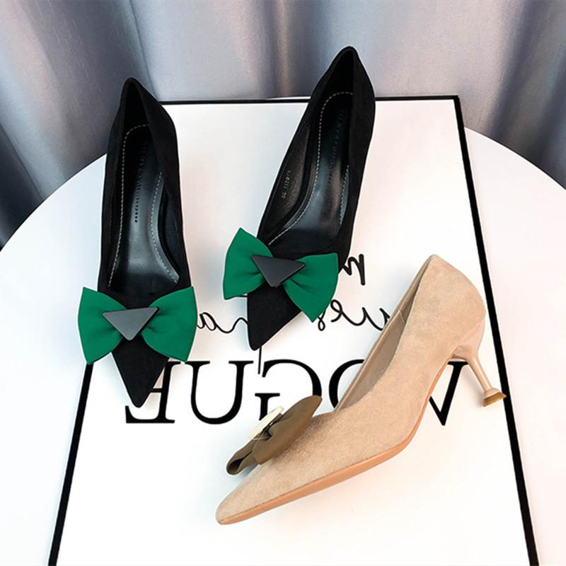 Fashion Elegant Butterfly Knot Design Women Pumps Pointed Toe Thin High Heels High Quality Cow Suede Upper Women Loafers Office Shoes