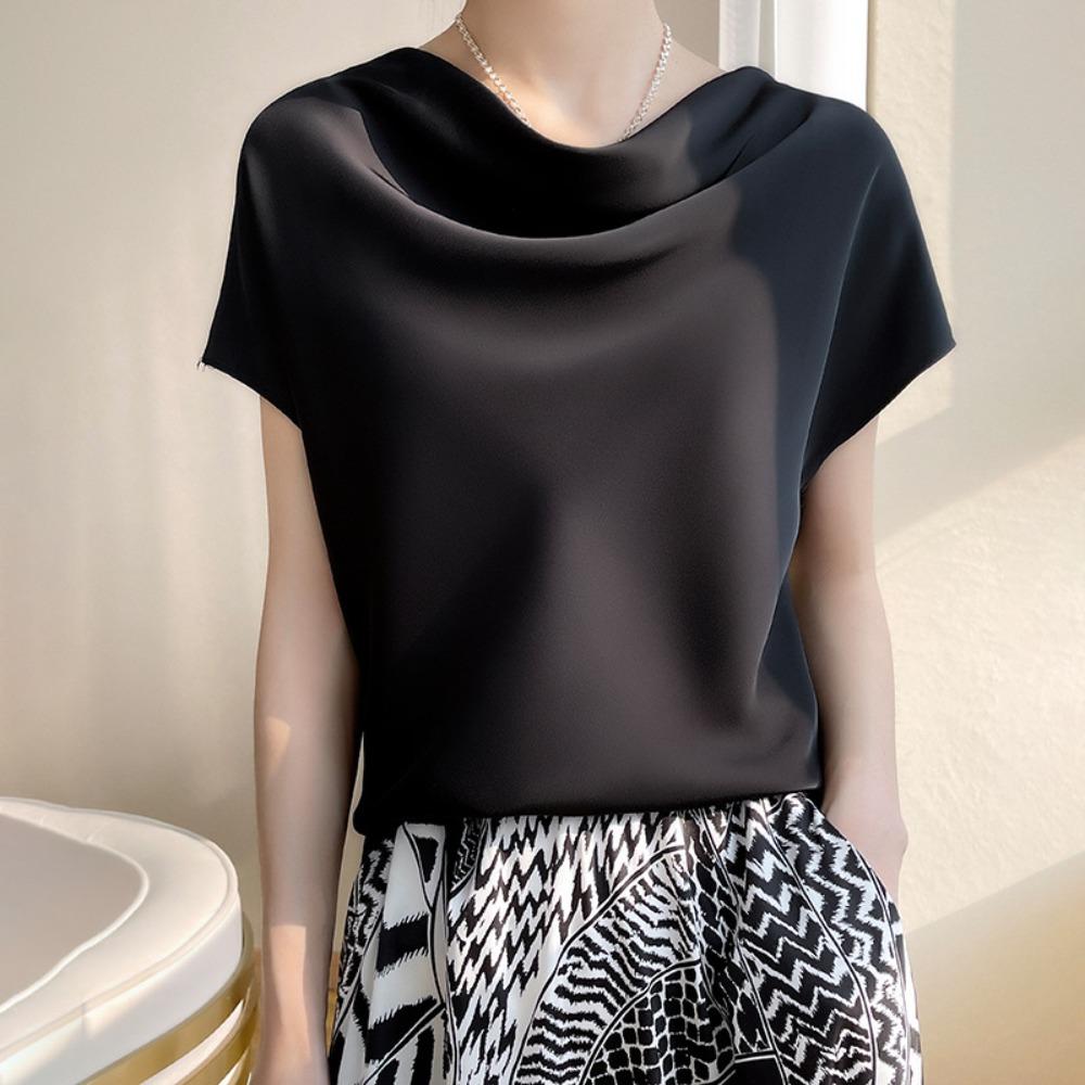 Top Corto da Donna in Seta Raso Primavera Estate, T-shirt Elegante Semplice a Manica Corta con Colletto alla Francese, Blusa Casual Taglie Forti