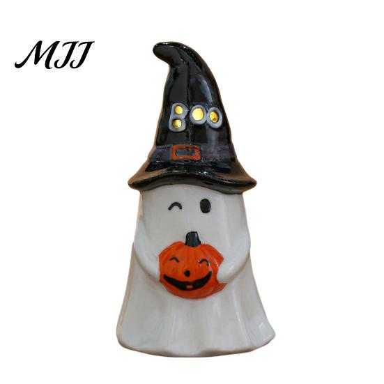Small Ceramic Halloween Figurine Tealight Holder, Lighted Ghost Pumpkin with Cute Room Decoration Witch Hat, Tiered Tray Tabletop Decor for