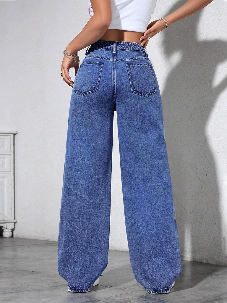 INS Style Pearl Adorned Straight-Leg Wide Denim Pants