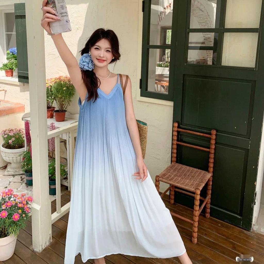 2026 French Seaside Gradient Strappy Sleeveless Beach Dress
