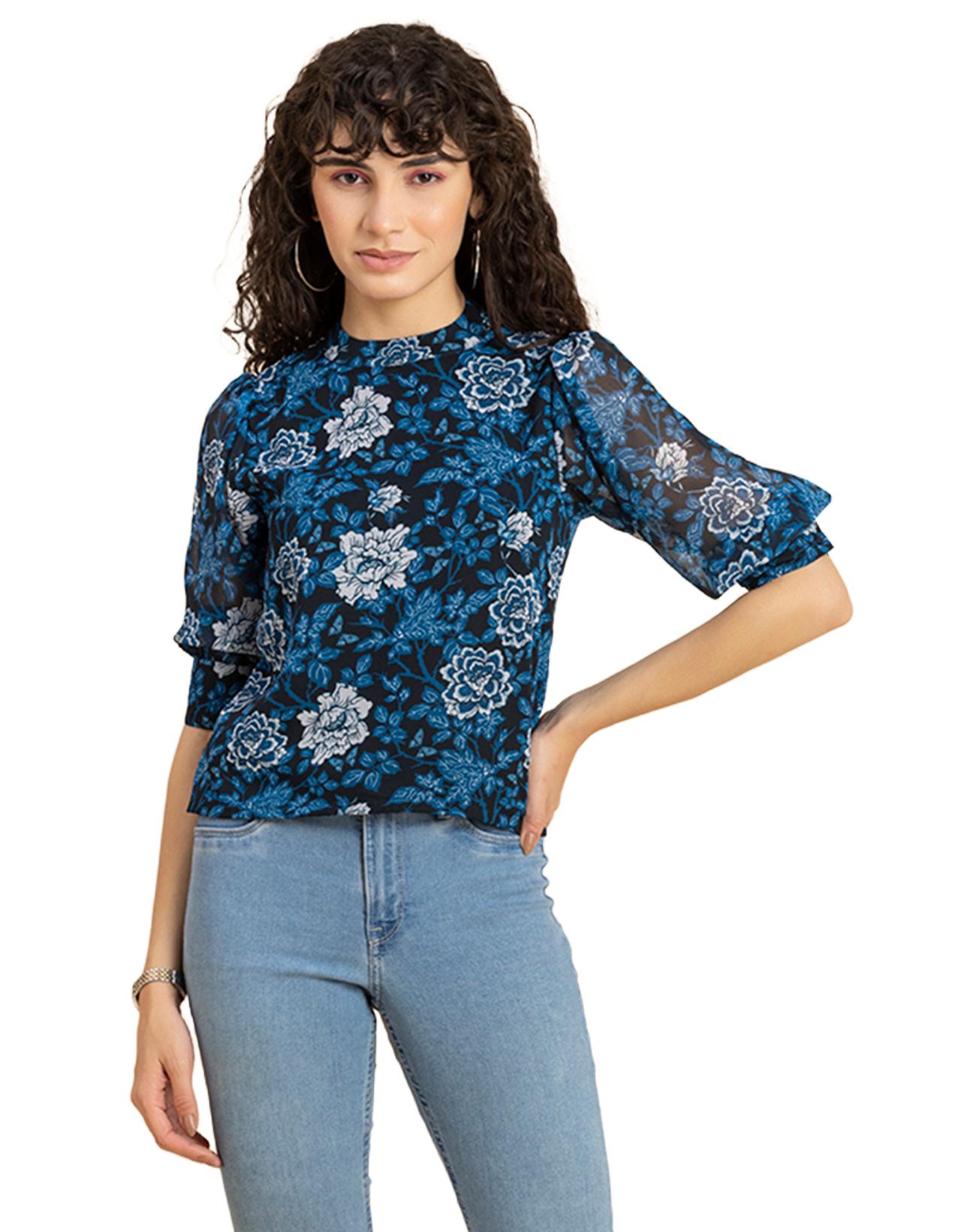 

Жіночий топ Moomaya з горловиною з принтом і рукавами на манжетах. Літній шик XXL синій