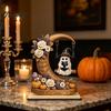 Natural Wood Spooky Decor Halloween Moon Swing Ghost Figurine, Reading On with Floral Tiered Tray Pumpkin Accents, Wooden Bookshelf for Desk