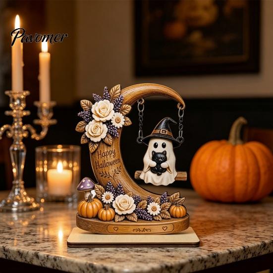 Natural Wood Spooky Decor Halloween Moon Swing Ghost Figurine, Reading On with Floral Tiered Tray Pumpkin Accents, Wooden Bookshelf for Desk