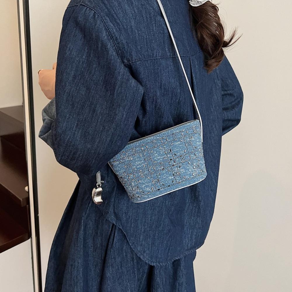 Light Luxury Sequined Small Bag Women's Shoulder Bucket Bag Denim Blue Chain Messenger Bag