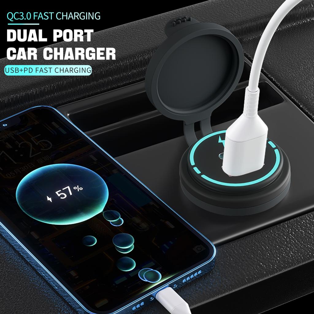 12V-24V Car QC3.0 Fast Charging USB and PD Dual Port for Car Motorcycles, h Bikes, SUVs, Boats IP66 Waterproof Multiple A