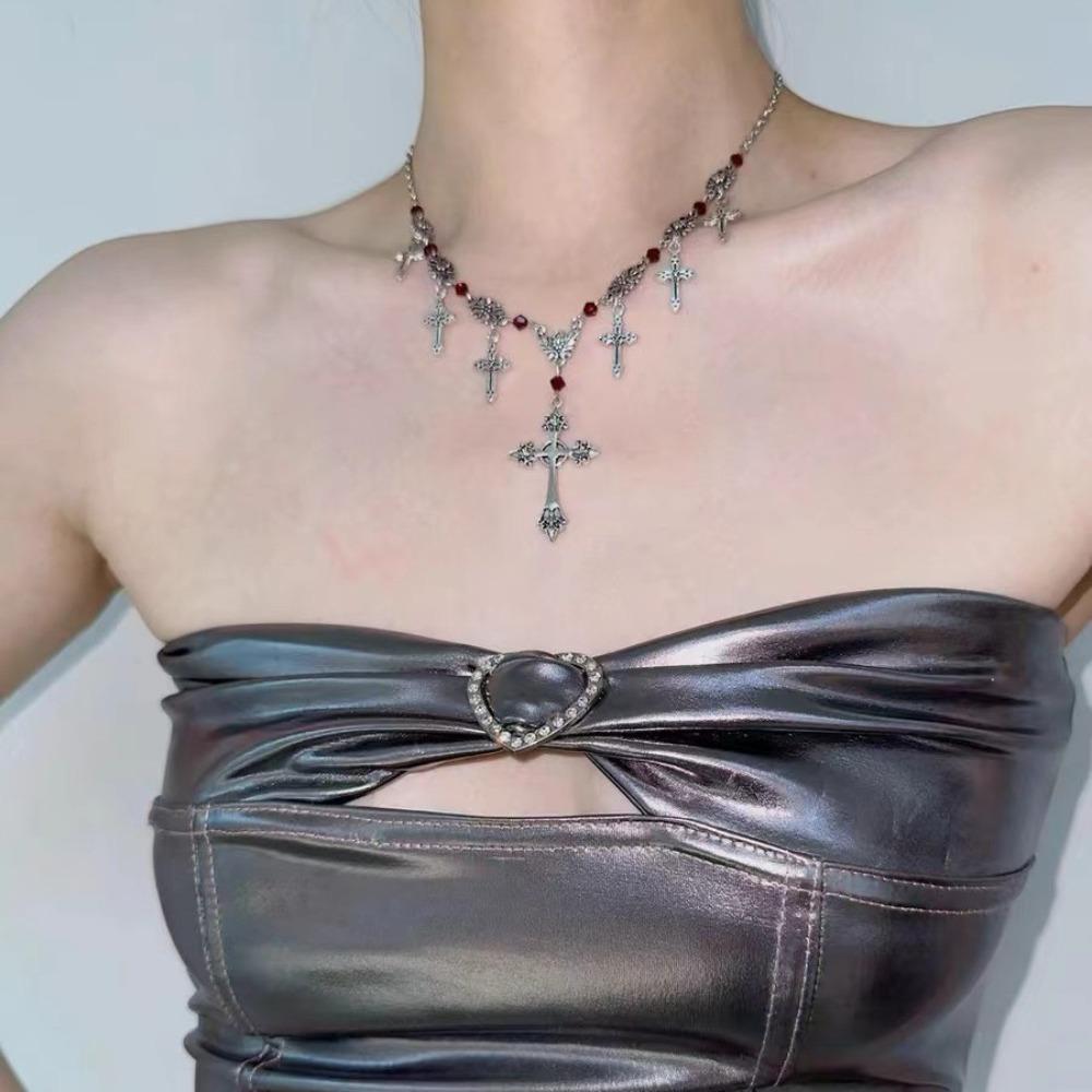 Hip-hop Personality Sliver Color Cross Tassel Pendant Red Crystal Beads Necklace for Women Punk Gothic Halloween Jewelry Gift