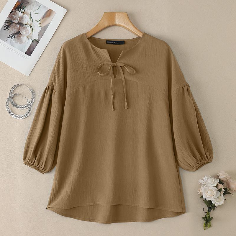 ZANZEA Women Casual Round Neck Solid Color 3/4 Sleeve Loose Blouse