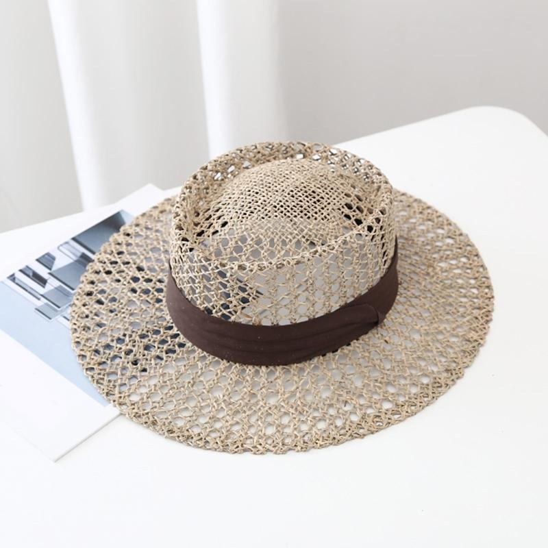 Woven Straw Hat Beach Sun Hat Hollows Out Sunhat Stylish Wide Border Hat for Casual Outings
