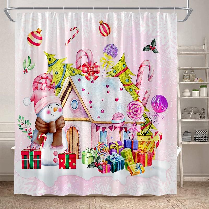 Cute Snowman Christmas Shower Curtains Xmas Tree Gift Cartoon Santa Claus Winter Scenery Bath Curtain Fabric Home Bathroom Decor