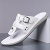 Men Black Leather Slippers Simple Flats Summer White Flip Flops Outdoor Sandals Blue Open Toe Beach Shoes Plus Size