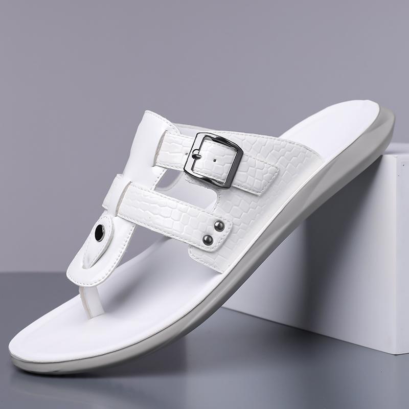 Men Black Leather Slippers Simple Flats Summer White Flip Flops Outdoor Sandals Blue Open Toe Beach Shoes Plus Size