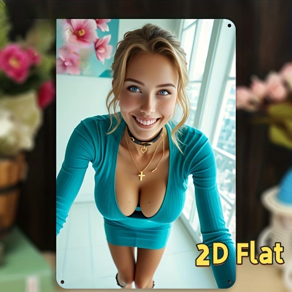 Vintage Blue Metal Wall Sign 8x12 Inch - Smiling Lady & Flower 2D Design, Home Decor for Living Room Bedroom Festival Hanging De