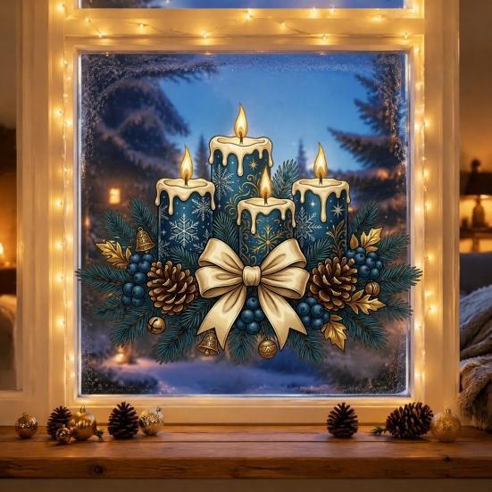 Winter Holiday Glass Stickers Christmas Candle Static Stickers, Removable Window Cling with Bow Pinecone And Pine Reusable Branch Pattern, Blue
