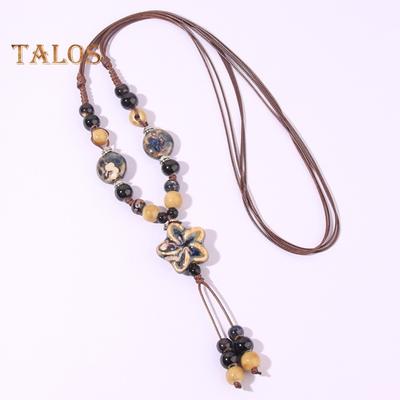 Vintage Bohemian Ceramic Bead Necklace Braided Rope Flower Long Y Necklace Handmade Retro Jewelry Gift for Women