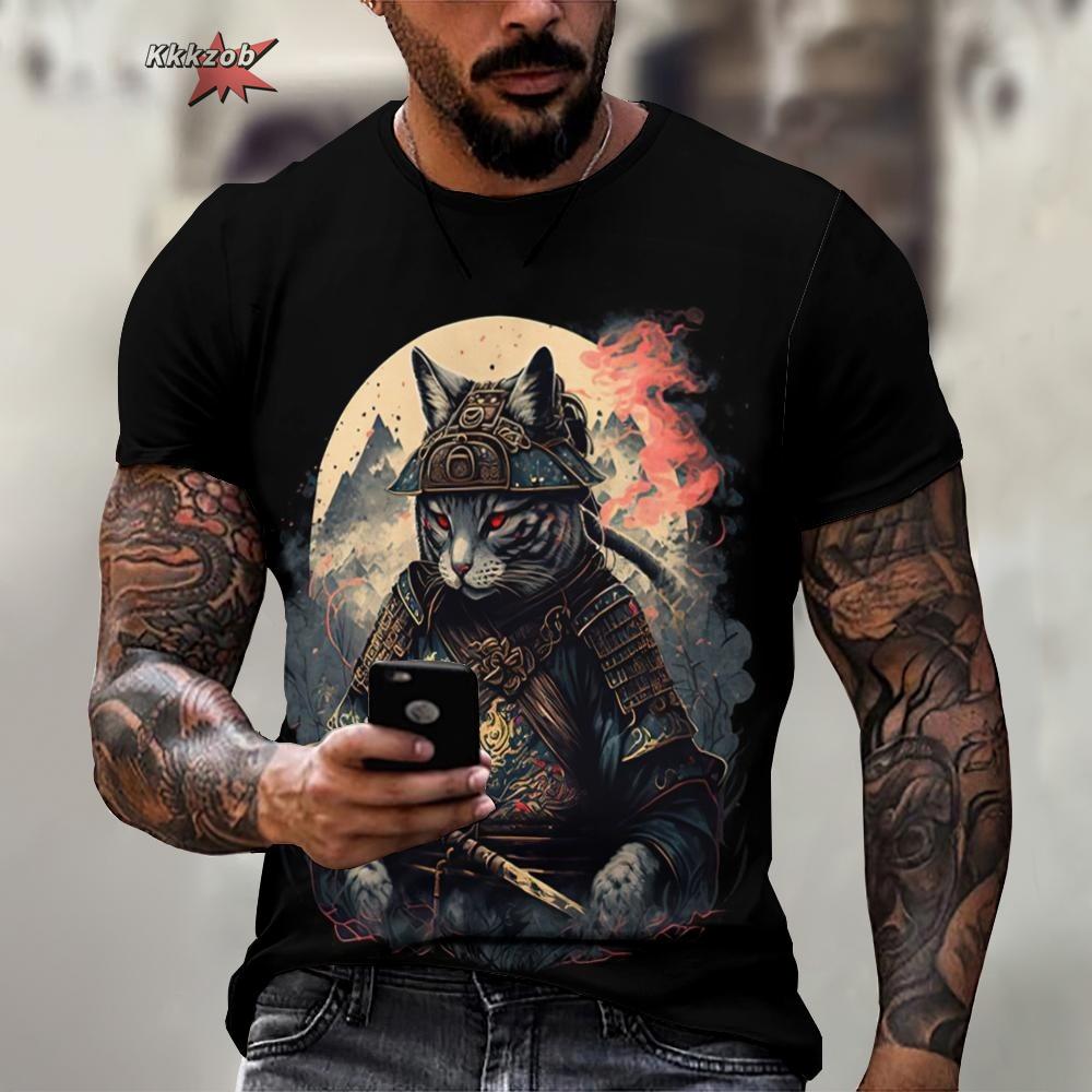 Animal Warrior Cat Print Short Sleeve Pattern Men's T-shirt 3D T-shirt Harajuku Tops Fun O Neck Pullover Summer Men's Casual Clo