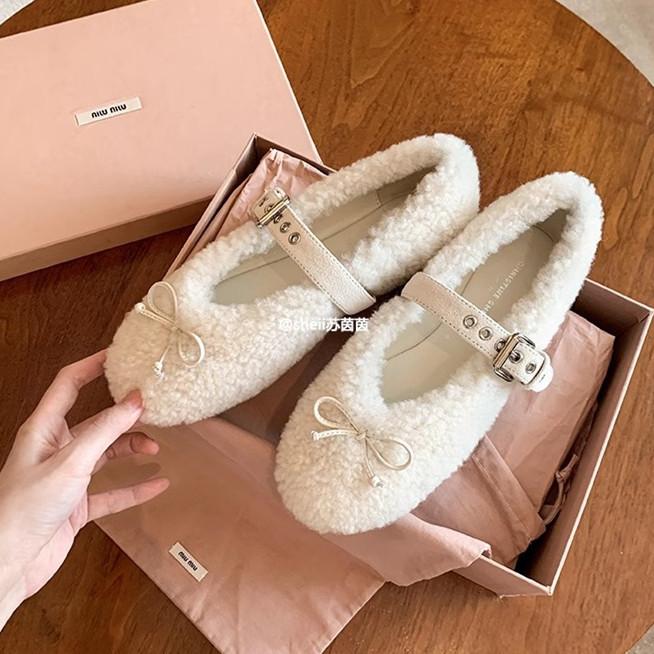 Traubenmutter gleiche miu Liebling~ Schleife flache Mary Janes Lammwolle einzelne Schuhe Damen Ballerinas