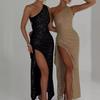 New European and American sexy asymmetrical shoulder dress, sleeveless, slim-fit, hip-hugging dress, ruffled with irregular slits