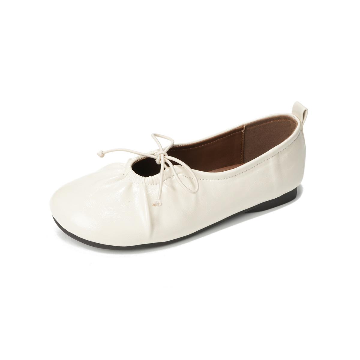 

French round head versatile ballet flat Mary Jane shoes 2025 new fashionable and comfortable soft leather bow single shoes women 35 бежевый