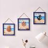 Wood Beach Framed Wall Art Coastal Ocean Theme Wall Hanging Sign with Steer Wheel Conch Sailboat for Bathroom Bedroom Living Room Decor