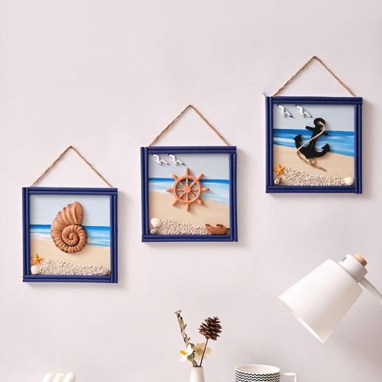 Wood Beach Framed Wall Art Coastal Ocean Theme Wall Hanging Sign with Steer Wheel Conch Sailboat for Bathroom Bedroom Living Room Decor