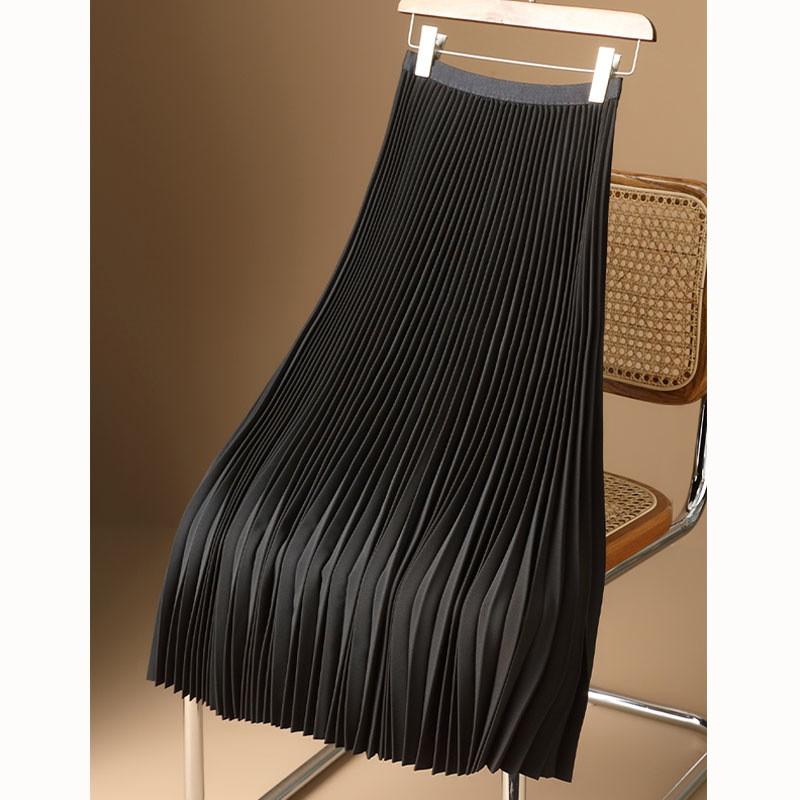 Womens Solid Pleated Elegant Midi Elastic Waist  Skirt