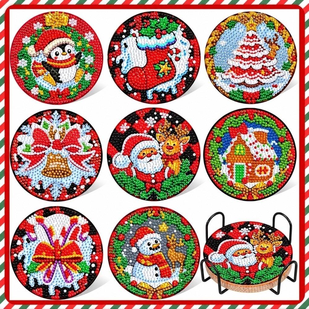8Pcs with Metal Stand Round Art Coasters Entry-level Coaster Kit DIY Painting Coasters Gift