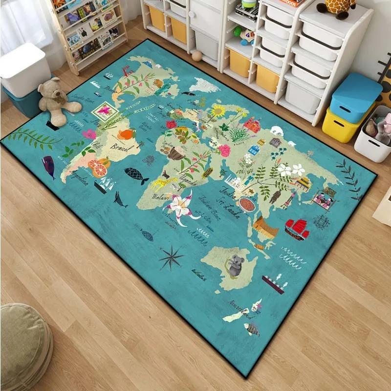 Cartoon Children's World Map Pattern Living Room Bedroom Carpet Bedside Bathroom Floor Mat 15 Sizes Area Rug Kid's Room Play Mat