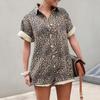 Yousheng Women Summer Romper Leopard Print Short Sleeves Turn-down Collar Short Sleeves Single-breasted Loose Vacation Style Short