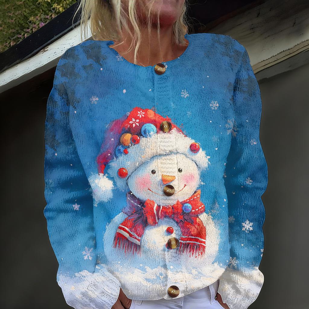 Women's Fashion Christmas Printed Long Sleeve Knitted Cardigan Button Down Jacket