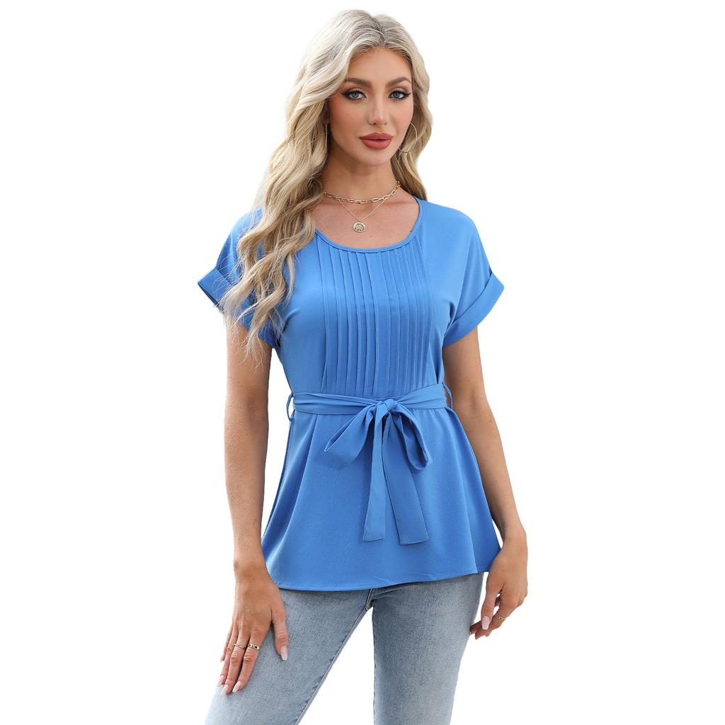European and American Fashion Spring and Summer Casual Shirt Ruffled Round Neck Women's Short-sleeved Top