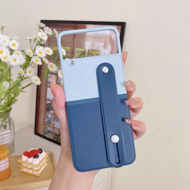 

Для Samsung Galaxy Z Flip 4 3 Роскошный кожаный чехол контрастного цвета, выдвижной ремешок на запястье, складной противоударный защитный чехол For Samsung Z Flip 3 синий