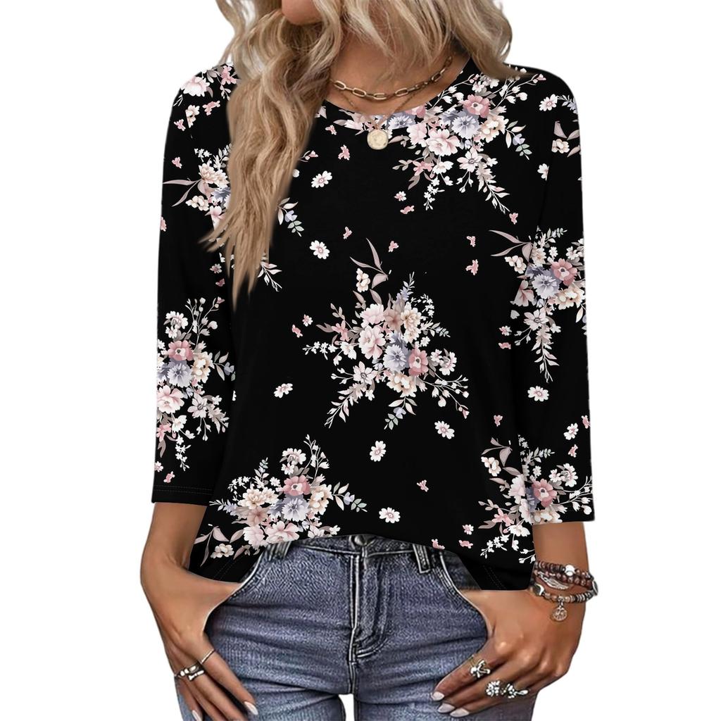 343/4 Sleeve Shirts For Women Cute Print Graphic Tees Blouses Casual Plus Size Basic Tops Pullover